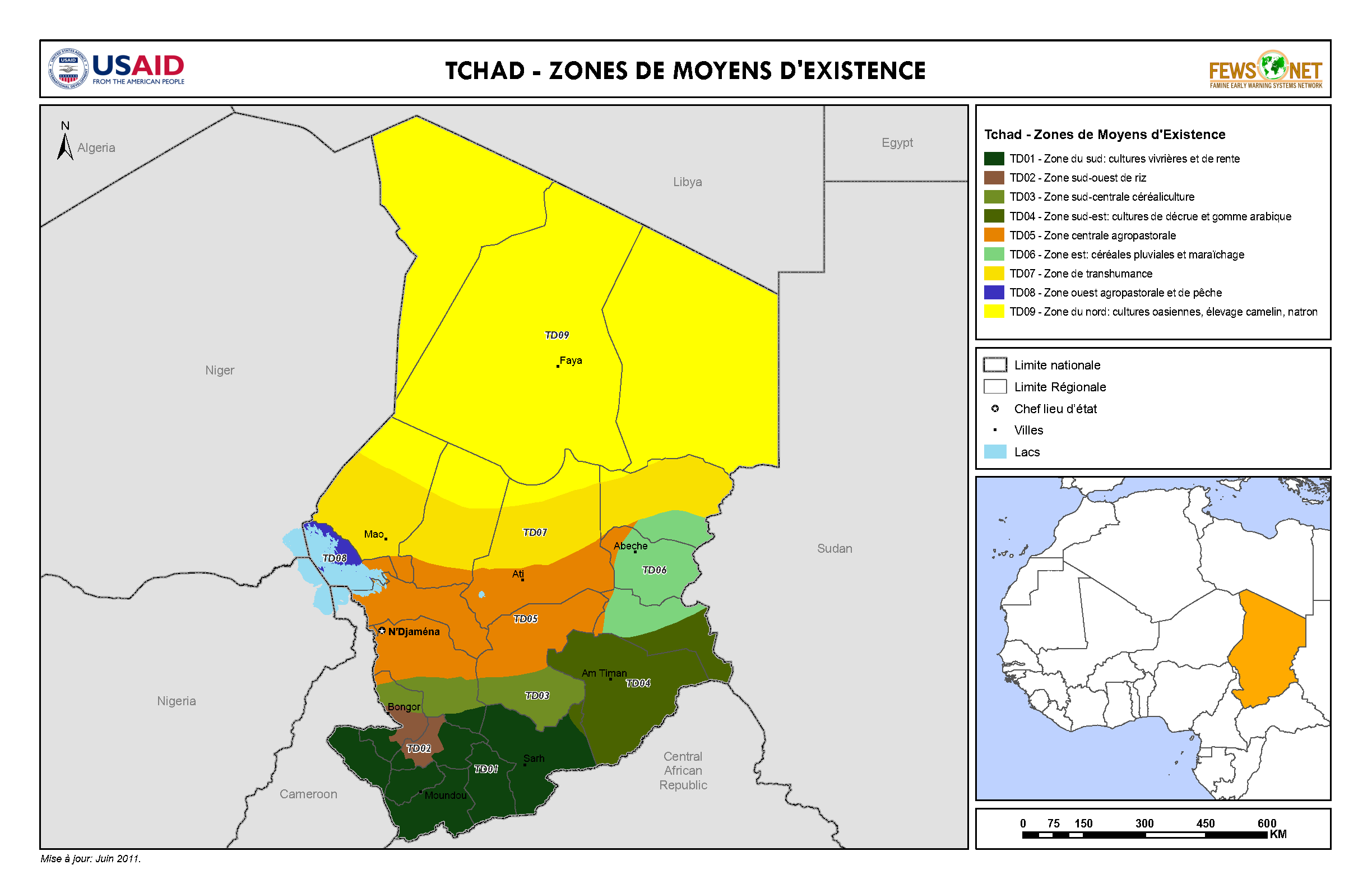 Zones de moyens d'existence au Tchad, carte par USAID et Fews Net