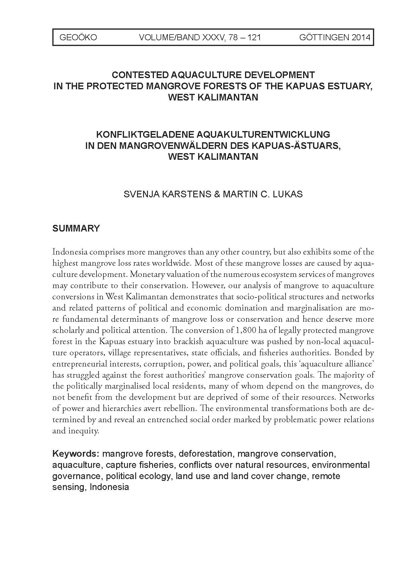 Contested aquaculture development in the protected mangrove forests of the Kapuas estuary, West Kalimantan