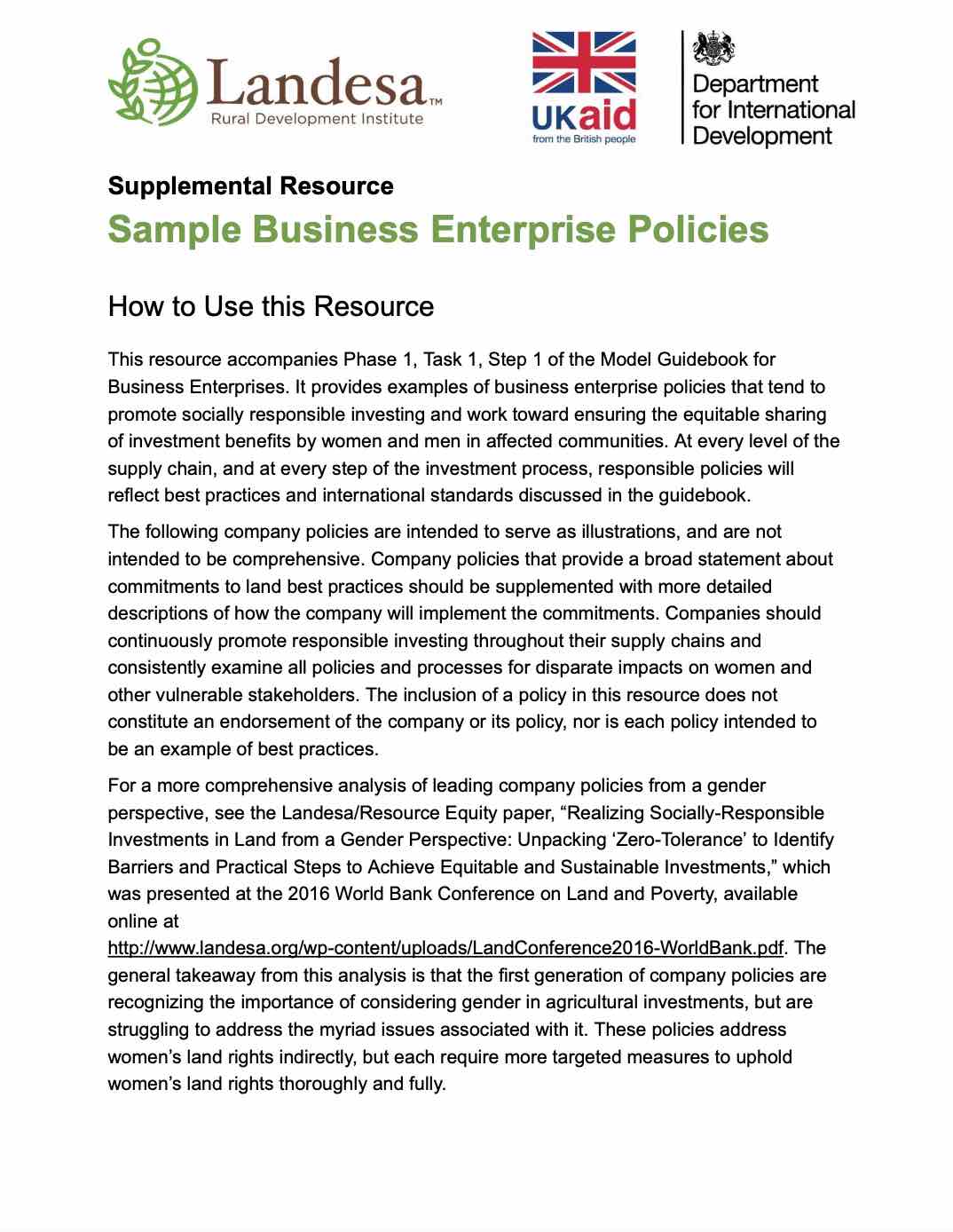 Cover publication sample business enterprise policies