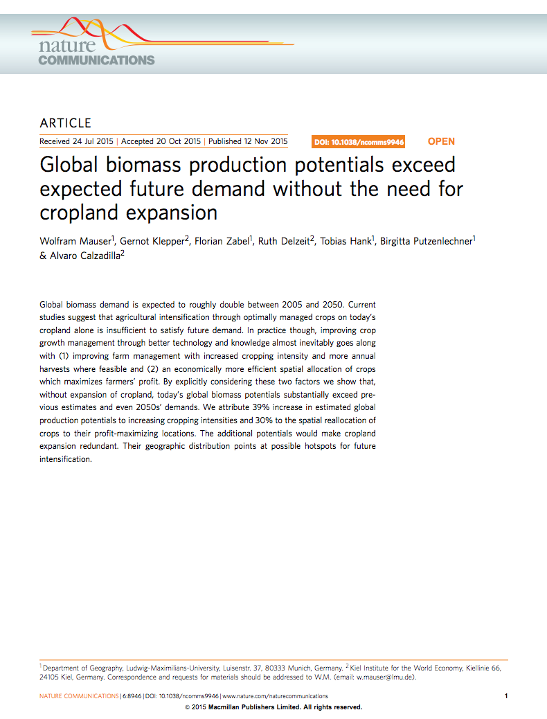 Global biomass production potentials exceed expected future demand without the need for cropland expansion cover image