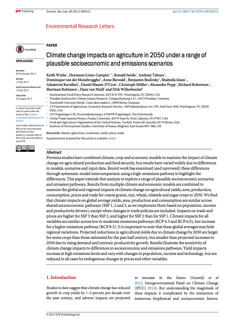 Climate change impacts on agriculture in 2050 under a range of plausible socioeconomic and emissions scenarios cover image