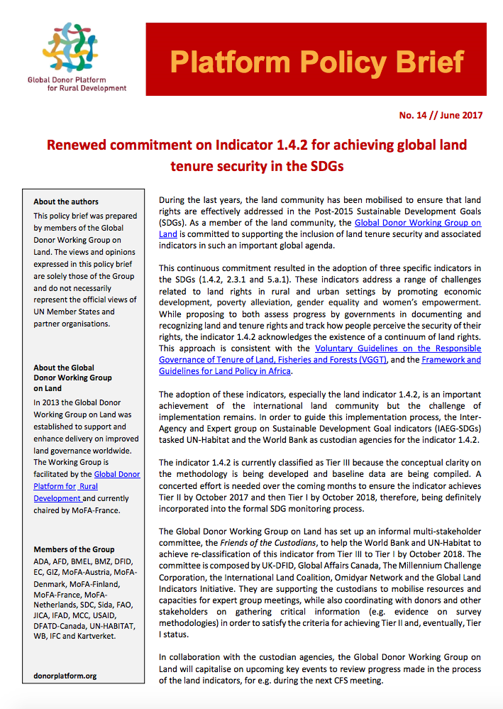 Platform Policy Brief: Renewed commitment on Indicator 1.4.2 for achieving global land tenure security in the SDGs cover image
