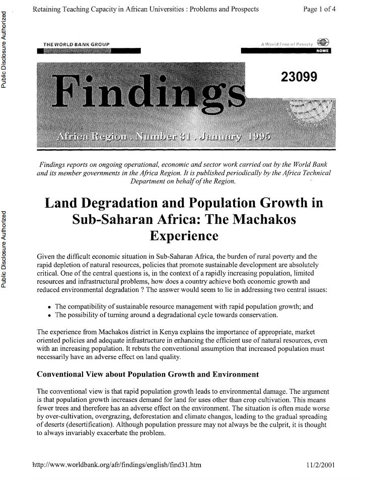 Land Degradation and Population Growth in Sub-Saharan Africa : The Machakos Experience cover image