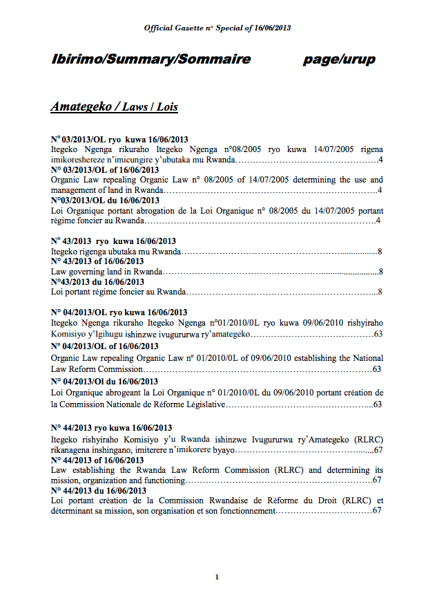 Law N° 03/2013/OL of 16/06/2013 Organic Law repealing Organic Law n° 08/2005 of 14/07/2005 determining the use and management of land in Rwanda. cover image