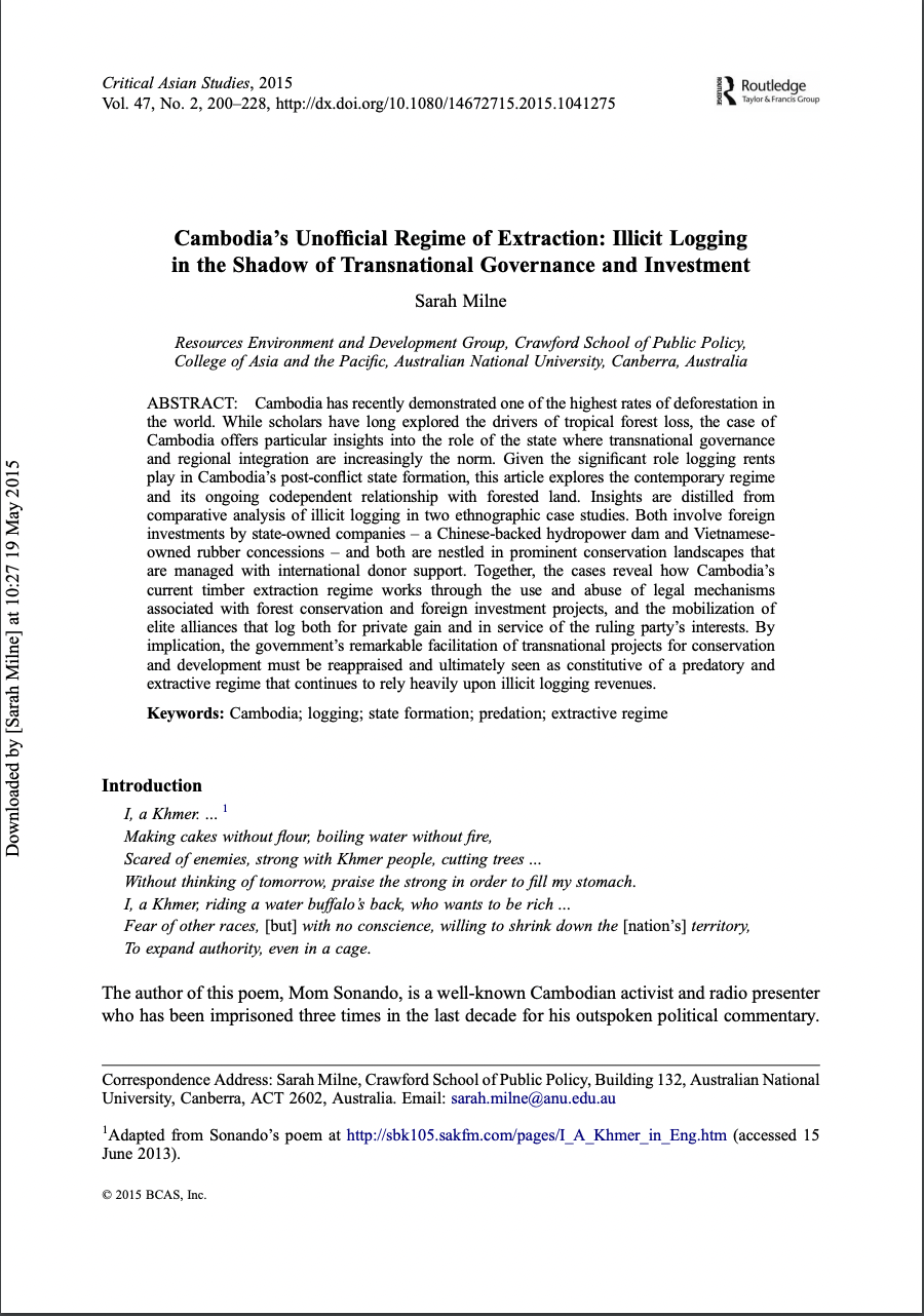 Cambodia’s Unofficial Regime of Extraction: Illicit Logging in the Shadow of Transnational Governanc