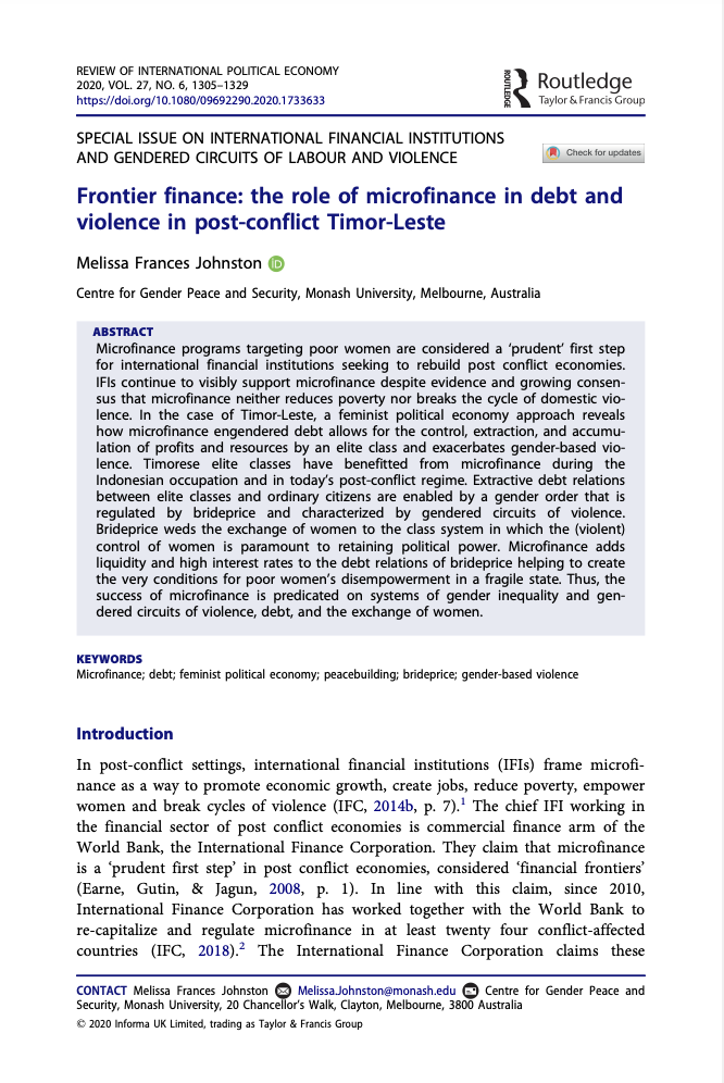 Frontier finance: the role of microfinance in debt and violence in post-conflict Timor-Leste