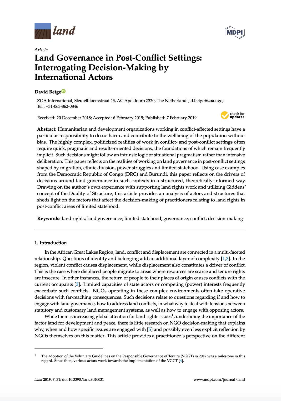 Land Governance in Post-Conflict Settings: Interrogating Decision-Making by International Actors cover image
