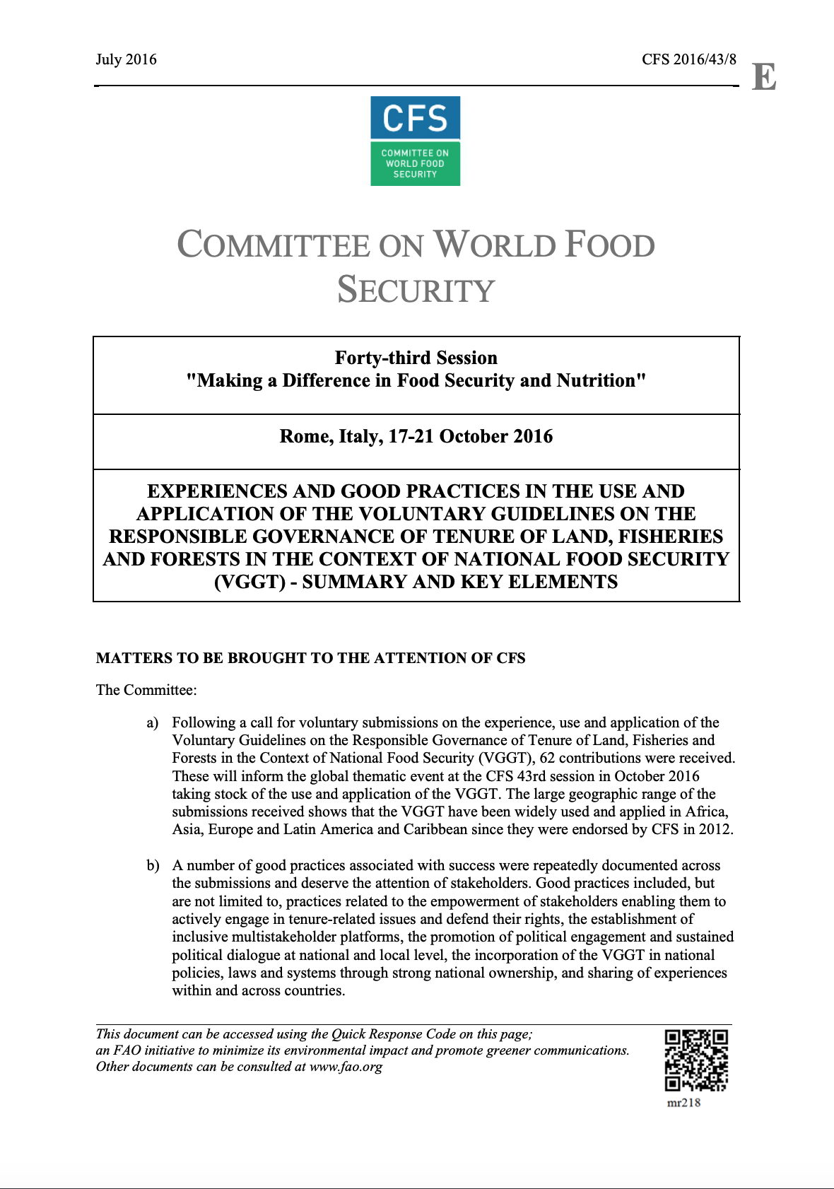 Experiences and Good Practices In The Use and Application of The Voluntary Guidelines on the Responsible Governance of Tenure of Land, Fisheries and Forests in the Context of National Food Security (VGGT) - Summary and Key Elements cover image