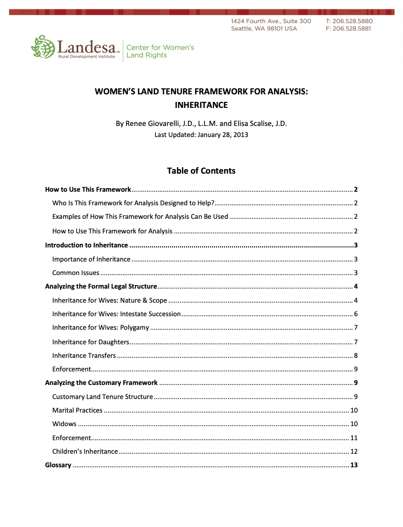 Women's Land Tenure Framework: Inheritance cover image