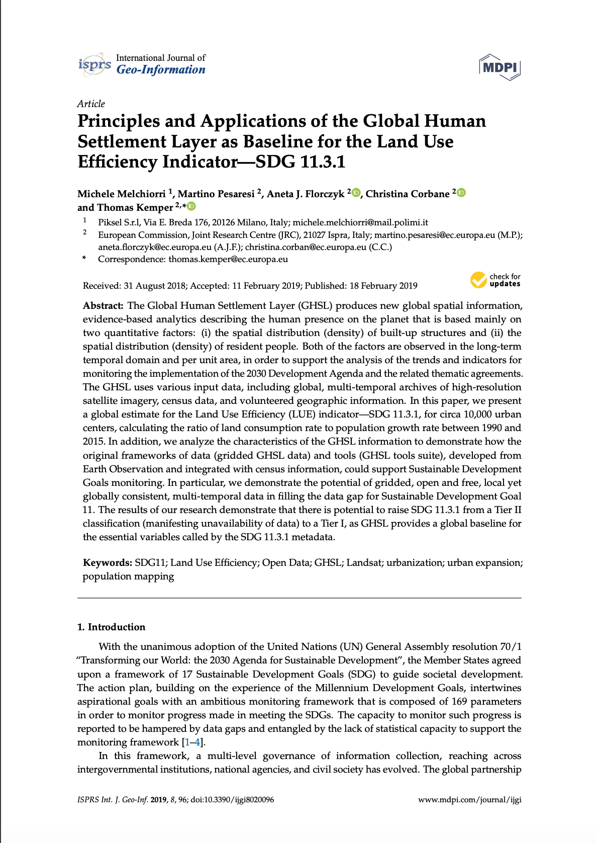 Principles and Applications of the Global Human Settlement Layer as Baseline for the Land Use Efficiency Indicator—SDG 11.3.1 cover image