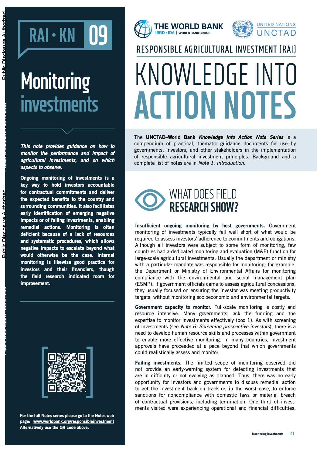 Responsible Agricultural Investment (RAI): Knowledge into Action Notes series - 9 - Monitoring investments cover image