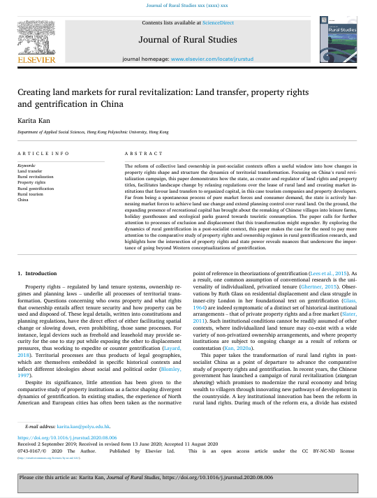 Creating land markets for rural revitalization: Land transfer, property rights and gentrification in China