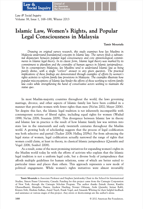 Islamic Law, Women's Rights, and Popular Legal Consciousness in Malaysia