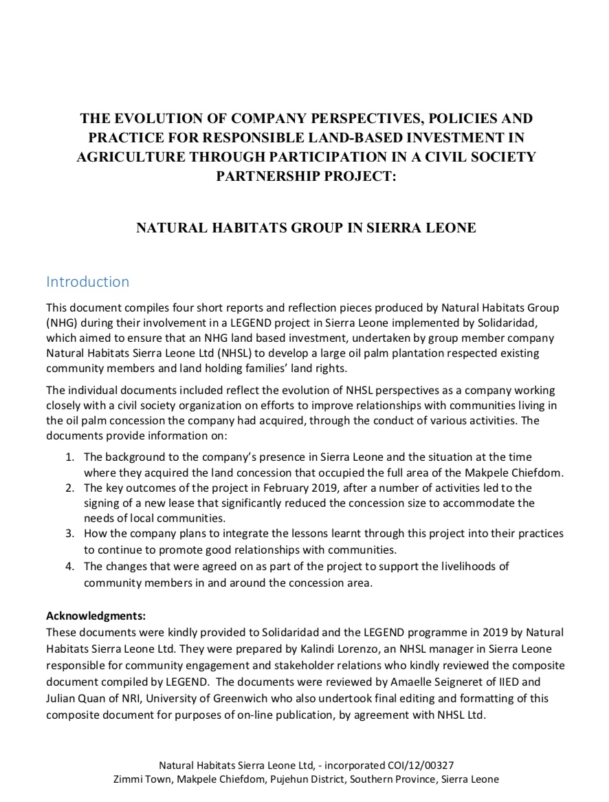 Natural Habitats Group in Sierra Leone: Evolution of Company Perspectives, Policies and Practice
